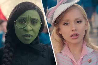Cynthia Erivo, with green skin and round glasses, and Ariana Grande, wearing a hat and striped outfit, in a promotional image for